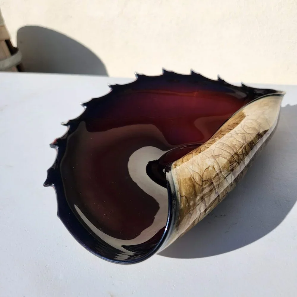 Hand Blown Murano Style Art Glass Folded Bowl Conch Shell Handmade Poland Approx